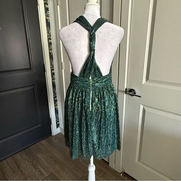 Lulus Ailey Metallic Stripe Twist Back Cocktail Dress in Gold and Teal Size S - Picture 8 of 9